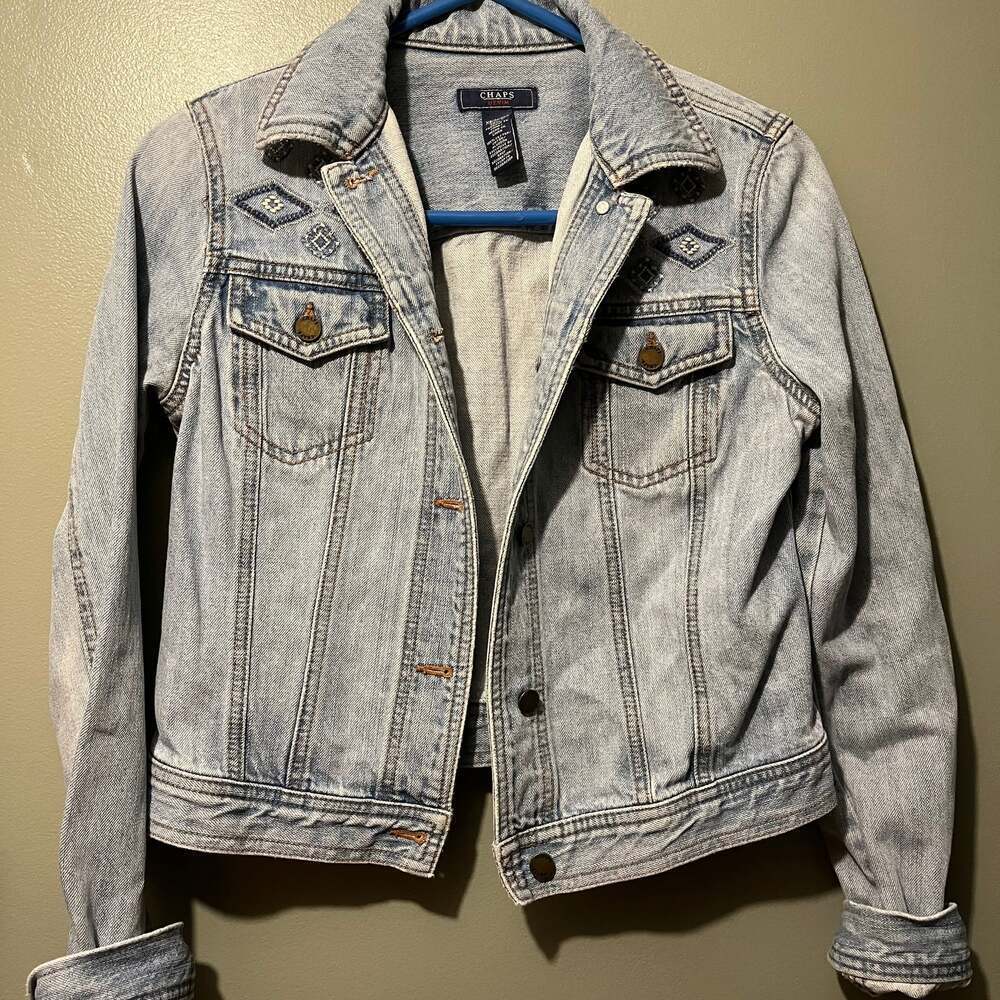 Chaps Women's Embroidered Blue Denim Trucker Jacket